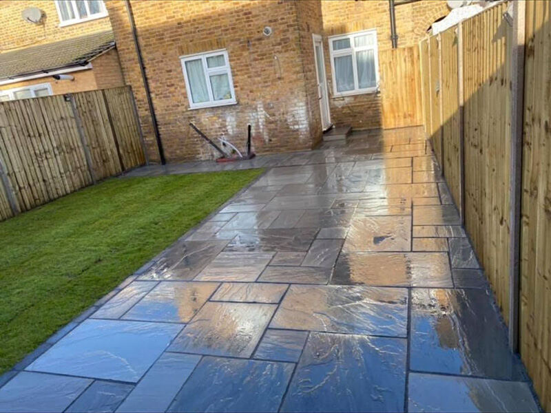 Freshly laid dark sandstone patio